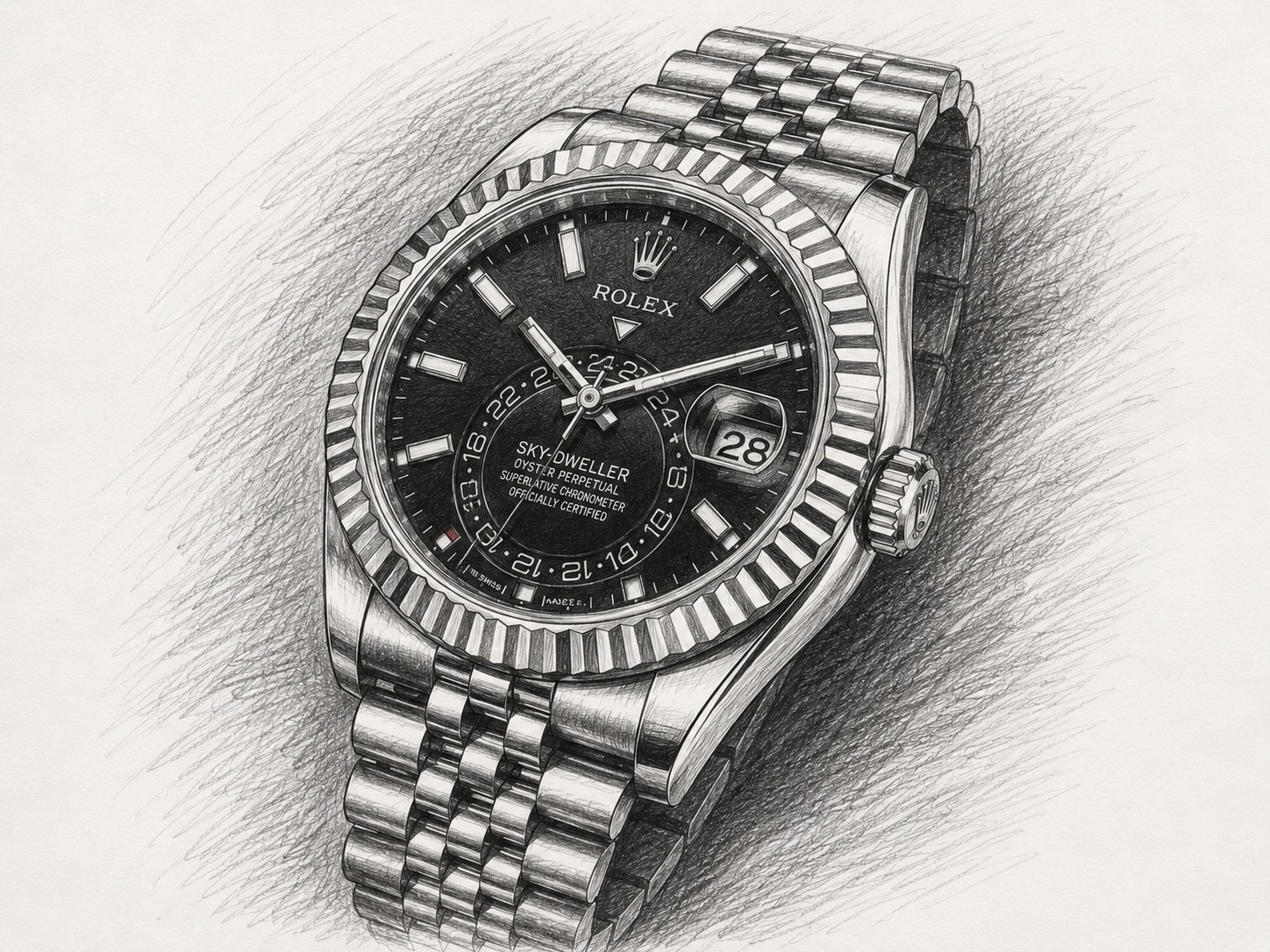 Independent pencil-style digital artwork depicting a Rolex Sky-Dweller with black dial and Jubilee bracelet